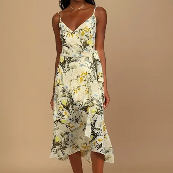 slim fit dress slacks Ivory And Green Floral Maxi Dress With Slit main image 1